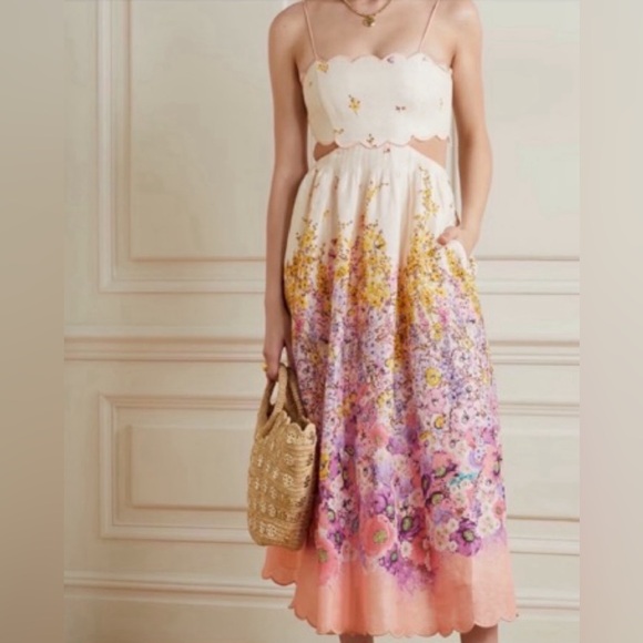 ZIMMERMANN JUDE SCALLOP MIDI DRESS IN PEACH GRADIENT FLORAL ZIMM SIZE 2 /AU 10 - Picture 9 of 14